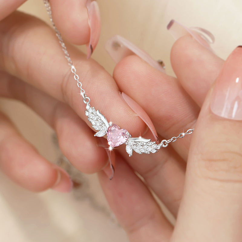Angel Wings Sterling Silver 925 Necklace Women's Fashion Versatile Pink Zircon Clavicle Chain Valentine's Day Love Pendant