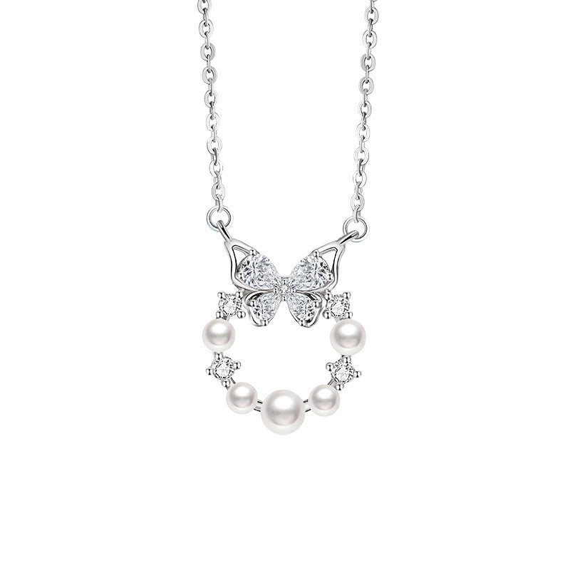 Butterfly Sterling Silver 925 Necklace Women's Fashion All-Match Shijia Pearl Clavicle Chain Ins Style Escape Princess Garland Pendant