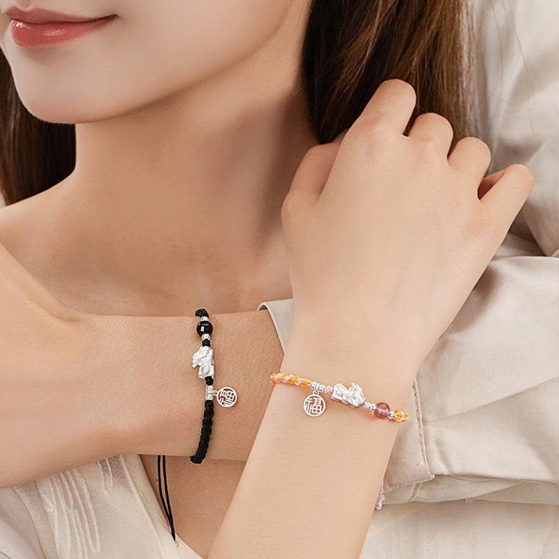 Pure Silver 999 Couple Bracelet New Chinese Style National Fashion Strawberry Crystal Lucky Bracelet Ins Style Lucky Beads Bracelet