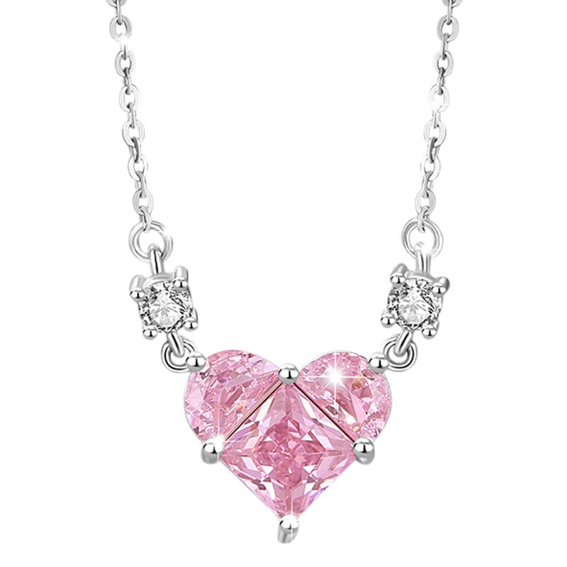 Heart-Shaped Sterling Silver 925 Necklace for Women, Niche Design, Light Luxury Pink Diamond Clavicle Chain, INS Style Heart-Shaped Pendant