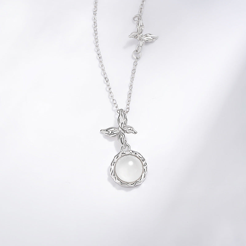Butterfly Sterling Silver S925 Necklace Women's Simple Niche Personality Style Chalcedony Clavicle Chain Irregular Cold Style Pendant