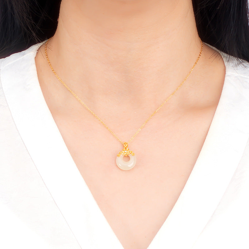 Silver Jewelry Wholesale S925 Sterling Silver Gold Plated Hetian Jade Peace Buckle Necklace Lucky Gold Buckle Xiangyun Jade Pendant Mother's Day