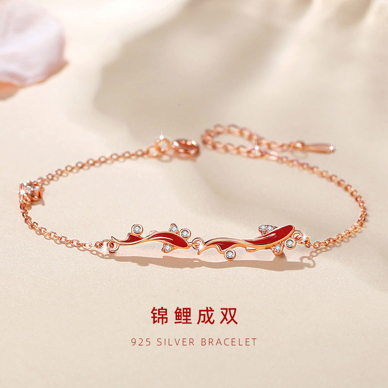 Lucky Koi Fish Sterling Silver 925 Bracelet Female Niche Design Light Luxury Zircon Bracelet for Girls Ins Pisces Bracelet