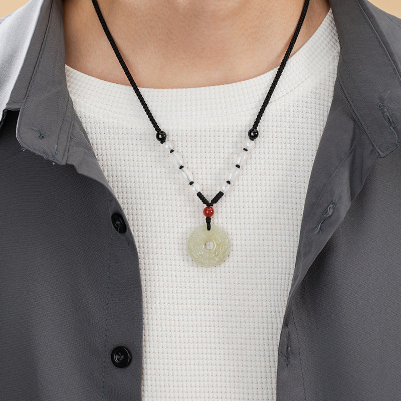 Natural Hetian Jade Safety Buckle Necklace Men's Light Luxury High-Grade Red Agate Necklace Coin Chalcedony Pendant