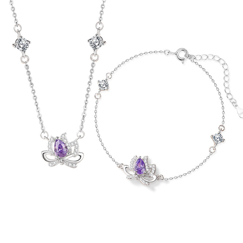 Lucky Lotus Sterling Silver 925 Necklace Female Niche Design Light Luxury Bow Clavicle Chain Ins Style Lotus Pendant