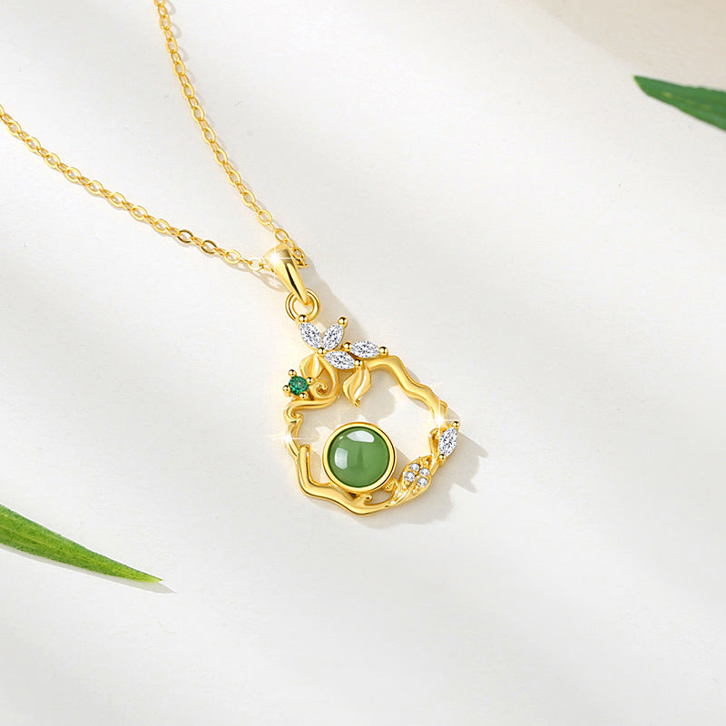 Flower Sterling Silver 925 Hetian Jasper Necklace Women's National Fashion Palace Style Butterfly Zircon Clavicle Chain Ins Petal Pendant