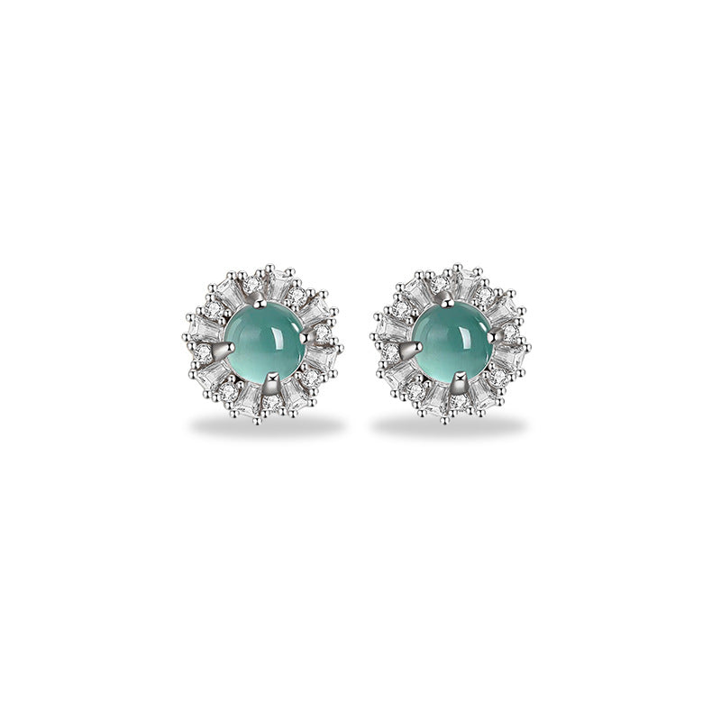 One Week Sterling Silver 925 Stud Earrings Light Luxury High-Grade Natural Blue Water Dangerous Material Jade Earrings Clover Earrings