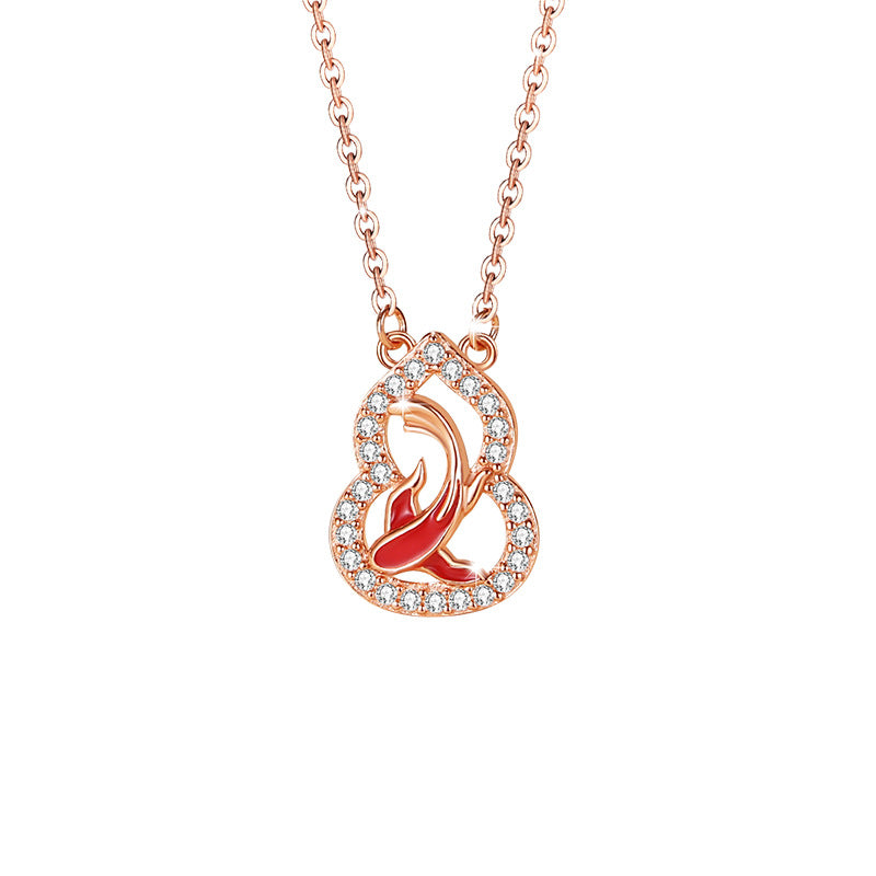 Fu Lu Double Full Sterling Silver 925 Necklace Women's National Fashion Court Style Gourd Zircon Clavicle Chain Lucky Koi Fish Pendant