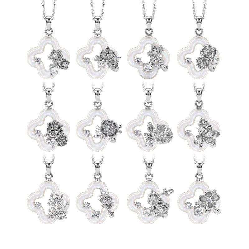 S925 Sterling Silver Necklace Women's Natural White Fritillary Clover Pendant Twelve Flower God National Style Silver Jewelry Light Luxury Clavicle Chain