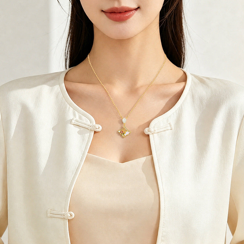 New Chinese Style Twelve Flower God Series S925 Sterling Silver Necklace Earrings Hetian Jade Fritillary Enamel Small Skirt Pendant