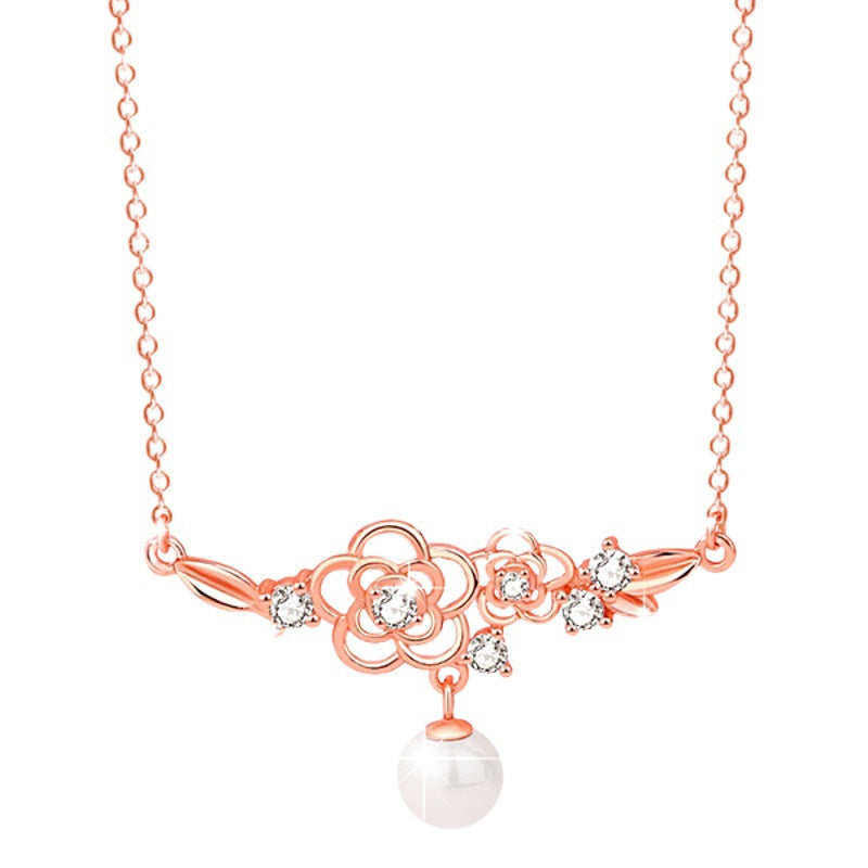 Cherry Blossom Sterling Silver 925 Necklace Female Niche Design Light Luxury Flower Clavicle Chain Ins Style Zircon Pearl Pendant