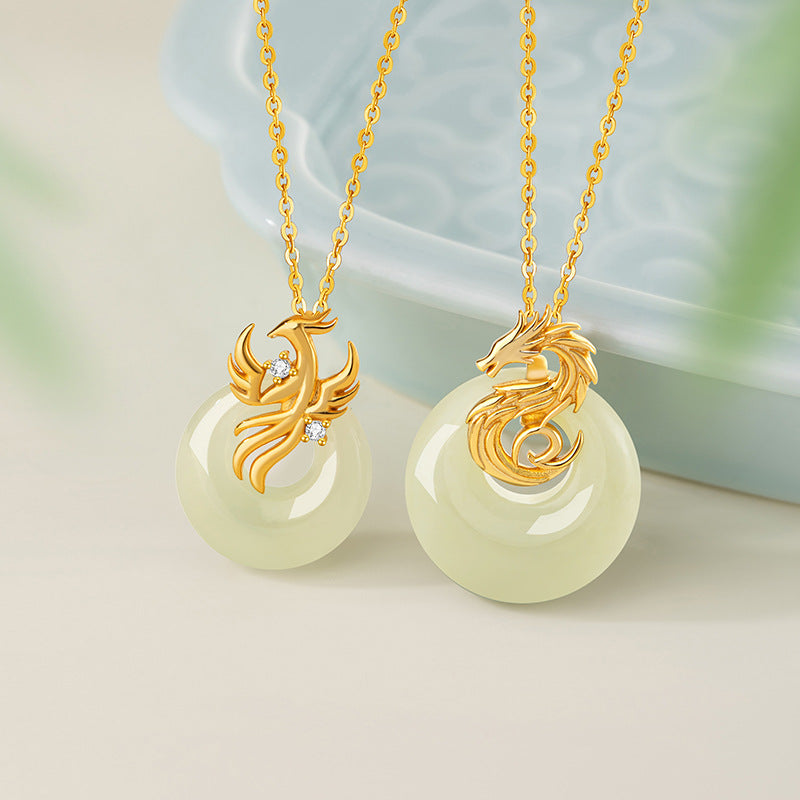 S925 Sterling Silver Couple Necklace New Chinese Style Niche Dragon and Phoenix Design High-Grade Hetian Jade Princess Buckle Lover Gift