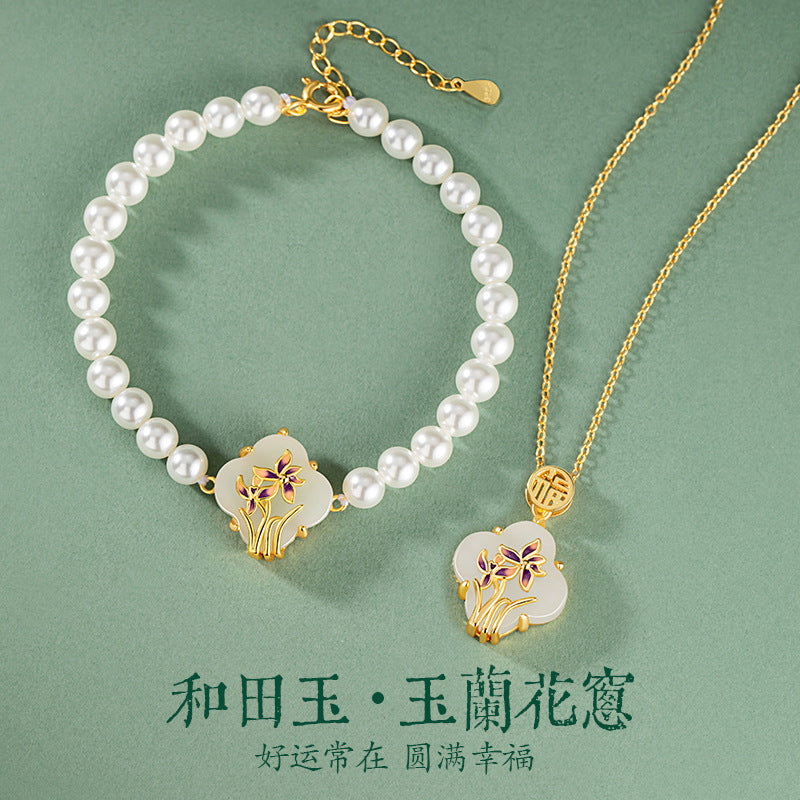 Original Orchid Sterling Silver 925 Hetian Jade Necklace New Chinese National Fashion Lucky Clavicle Chain Lucky Clover Pendant