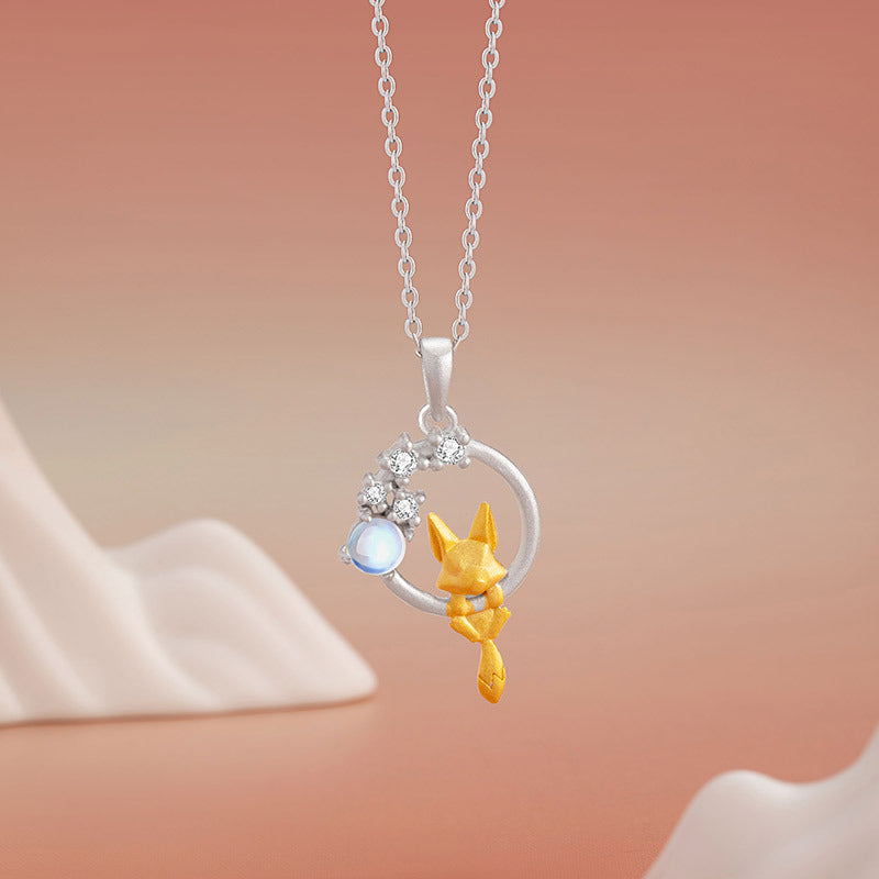Fox Sterling Silver 925 Necklace Women's National Fashion New Year Flower Glass Stone Clavicle Chain Ins Style Fox Fairy Pendant
