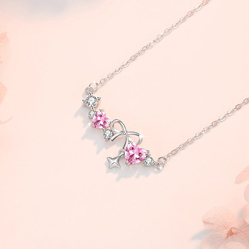 Bowknot Sterling Silver 925 Necklace Female Niche Design Light Luxury Star Tassel Clavicle Chain Ins Style Love Pendant