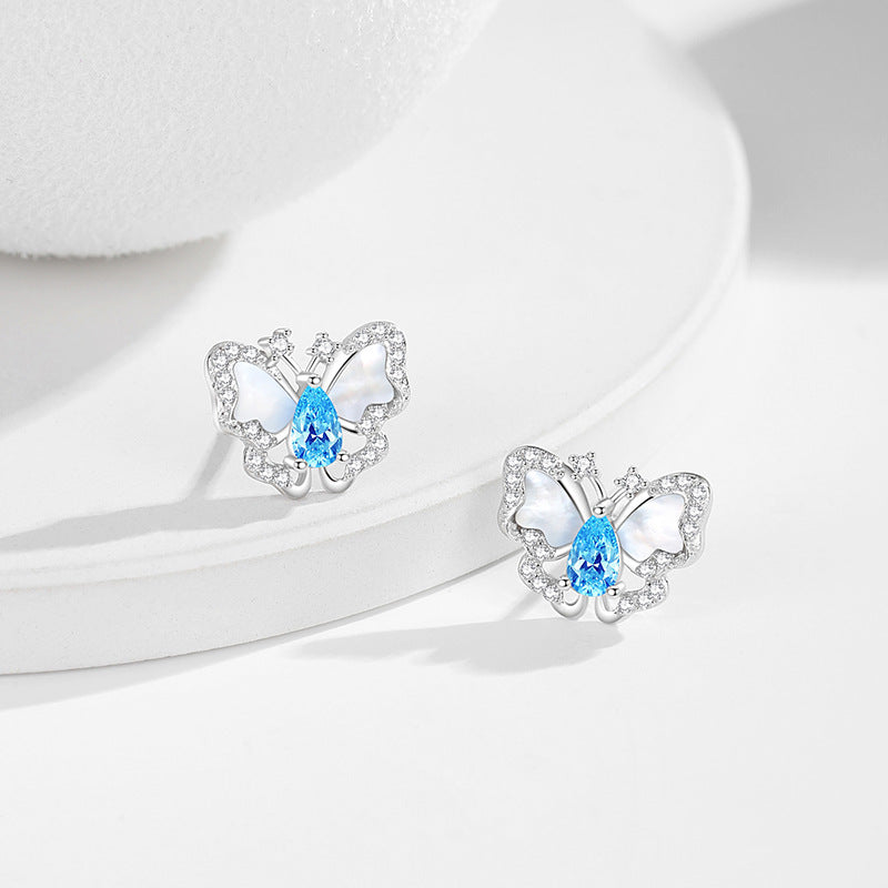 Original Butterfly Sterling Silver 925 Stud Earrings Female Niche Design Light Luxury Navy Blue Zircon Earrings Ins White Fritillary Earrings