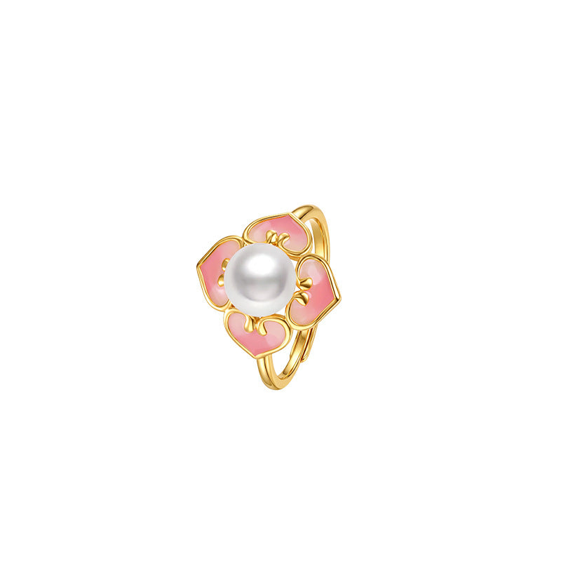 New Chinese Natural Freshwater Pearl Set S925 Sterling Silver Begonia Flower Necklace Ring Stud Earrings Enamel National Style Jewelry