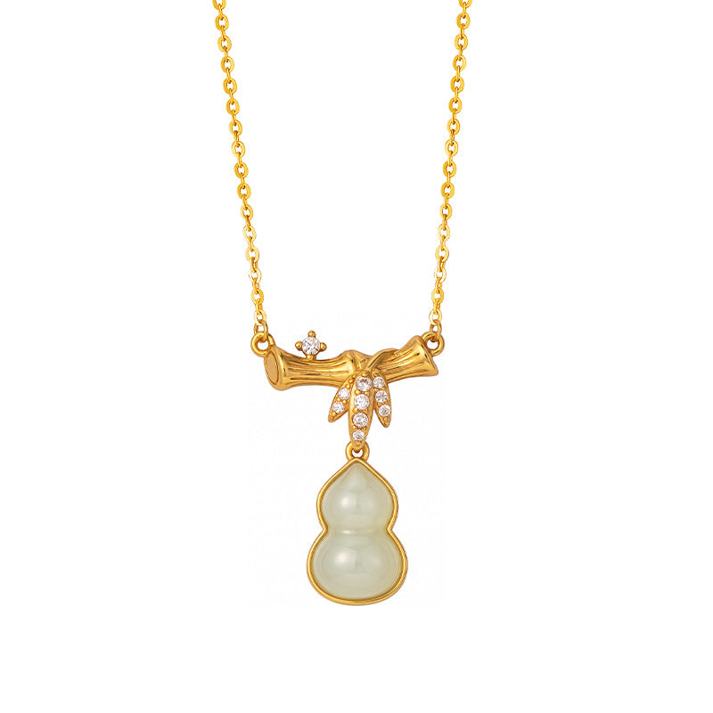 New Chinese Style Hetian Jade Set S925 Sterling Silver Gourd Necklace Ear Studs High-Rise Fu Lu National Style Light Luxury Jewelry