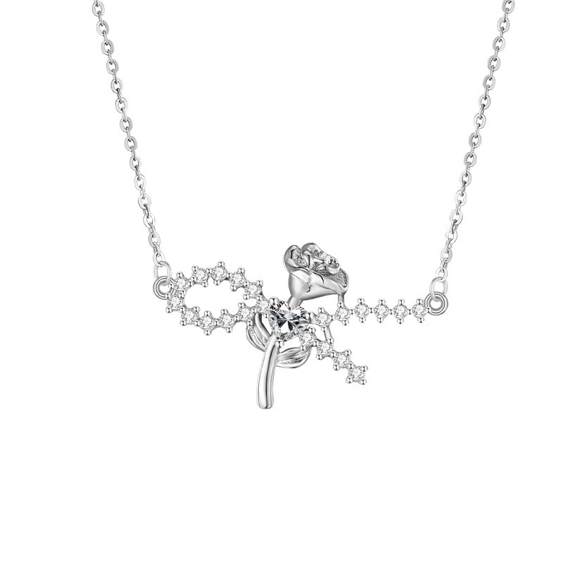 Rose Starry S925 Sterling Silver Necklace for Women Light Luxury High-Grade Clavicle Chain Valentine's Day Birthday Gift for Girlfriend
