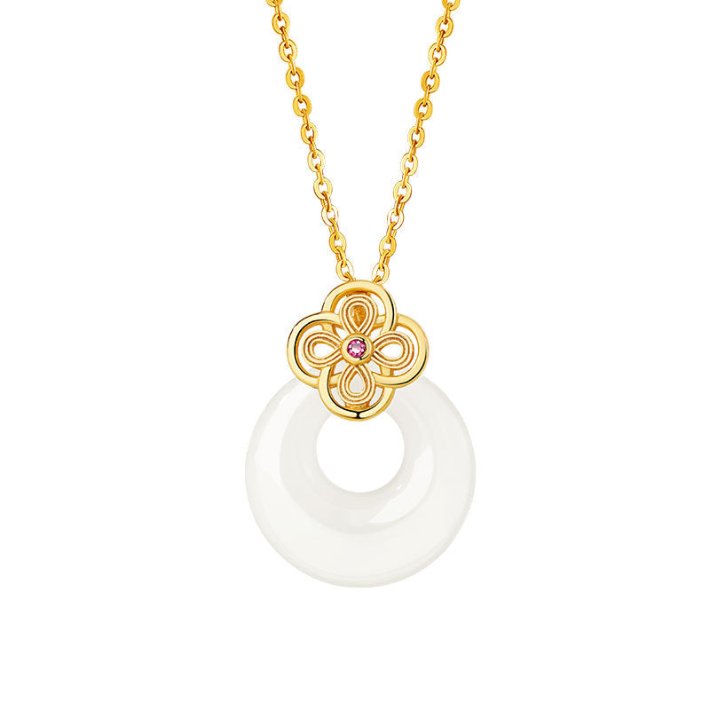 Lucky Clover Sterling Silver 925 Necklace Women's New Chinese National Fashion Hetian Jade Flower Clavicle Chain Safety Buckle Pendant