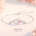 Lovely Sterling Silver 925 Bracelet Female Niche Design Light Luxury Pink Diamond Zircon Bracelet Ins Style Heart-to-Heart Printed Pendant