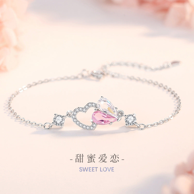 Lovely Sterling Silver 925 Bracelet Female Niche Design Light Luxury Pink Diamond Zircon Bracelet Ins Style Heart-to-Heart Printed Pendant