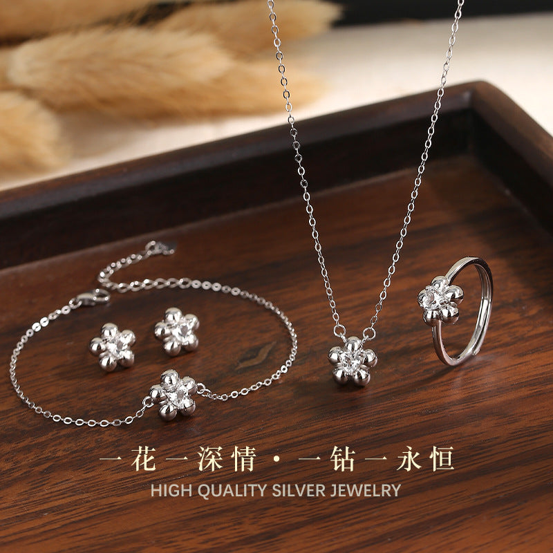S925 Sterling Silver Five-Petal Flower Diamond Jewelry Set All-Match Flower Stud Earrings Necklace Bracelet Ring Valentine's Day Gift