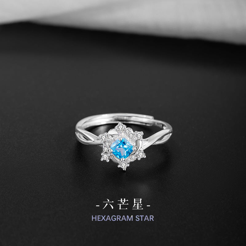 Star Sterling Silver 925 Ring Female Niche Design Light Luxury Zircon Snowflake Ring Ins Style Six-Pointed Star Ring