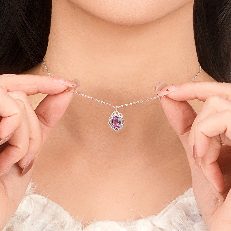 S925 Sterling Silver Natural Amethyst Pendant Female Light Luxury Niche Design Sense Hollow Petals Colorful Treasure Silver Necklace Wholesale