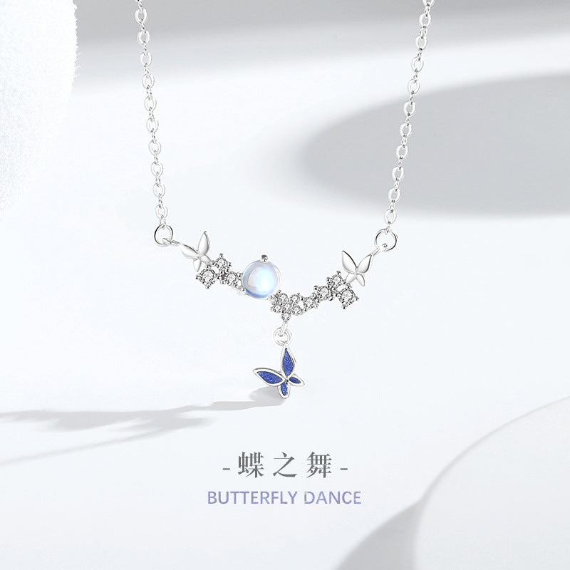 Original Butterfly Sterling Silver 925 Necklace Female Niche Design Light Luxury Glass Stone Clavicle Chain Ins Style Star Pendant