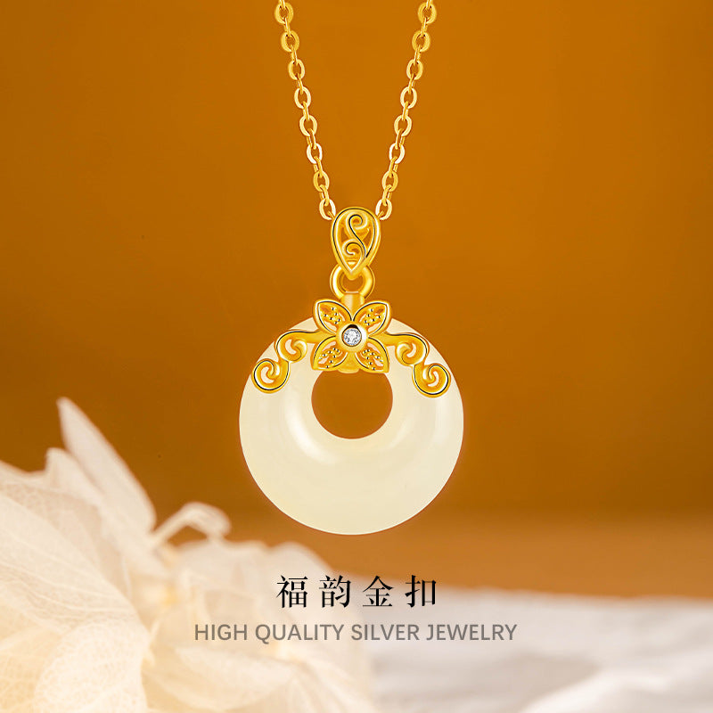 Silver Jewelry Wholesale S925 Sterling Silver Gold Plated Hetian Jade Peace Buckle Necklace Lucky Gold Buckle Xiangyun Jade Pendant Mother's Day