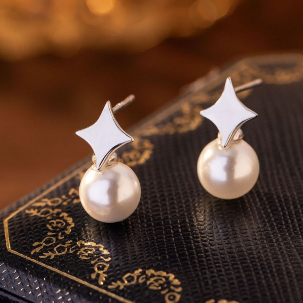 Four-Star Awn Sterling Silver 925 Stud Earrings Female Niche Design Light Luxury Style Shijia Pearl Earrings High-Grade Star Earrings