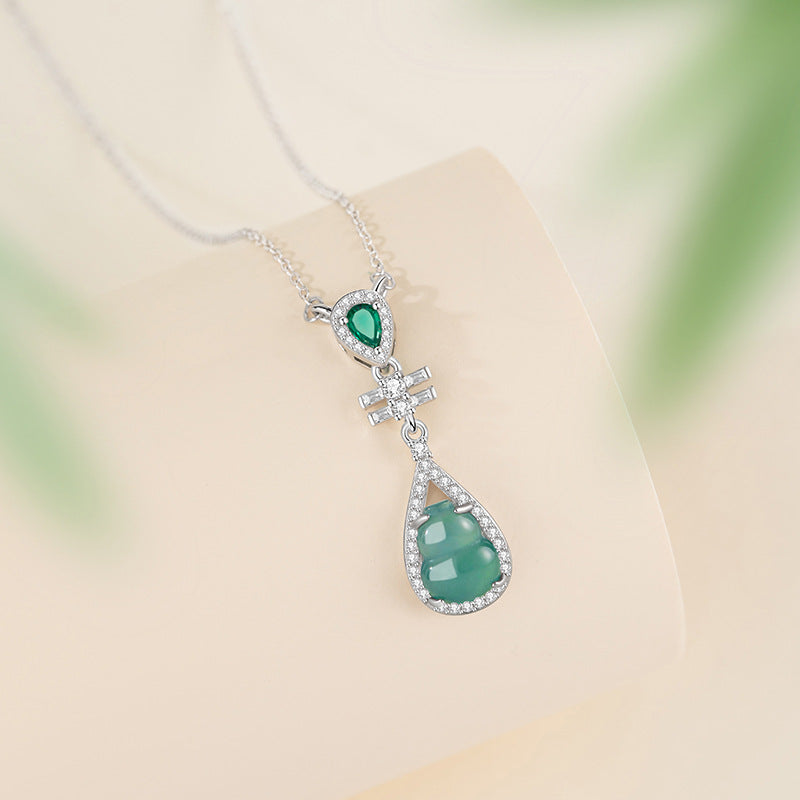 Gourd Sterling Silver 925 Necklace Women's New Chinese Style Natural Dangerous Material Blue Water Jade Clavicle Chain Ins Fu Lu Double Full Pendant