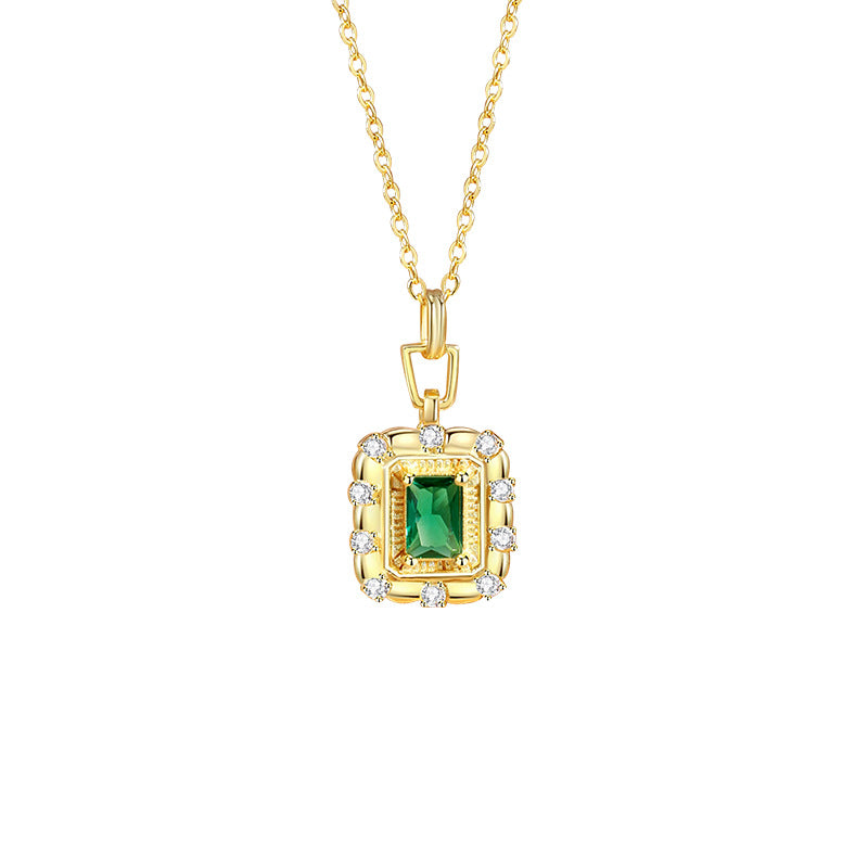 Square Sugar Sterling Silver 925 Necklace Female Niche Design Light Luxury Emerald Zircon Clavicle Chain Ins Style Square Pendant