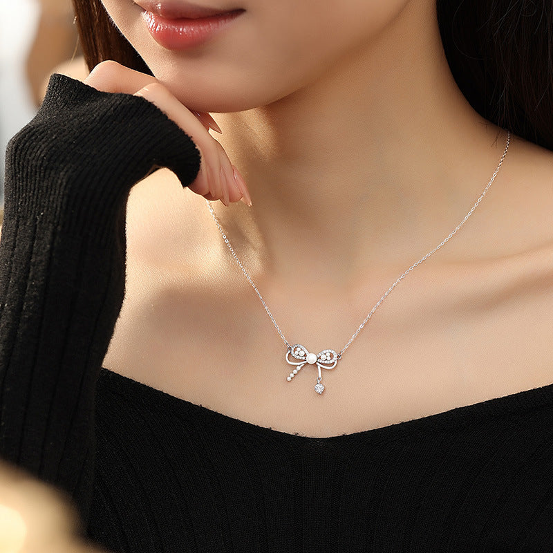 S925 Sterling Silver Bow Pearl Necklace Women's High-Grade Niche Clavicle Chain Gift for Girlfriend Silver Jewelry