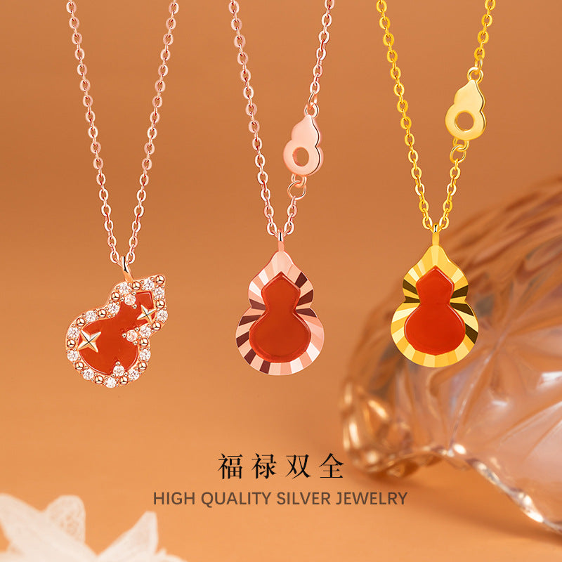 Colorful S925 Sterling Silver Red Agate Gourd Necklace Bracelet Set New Chinese Niche Fu Lu All-Match Lucky Jewelry