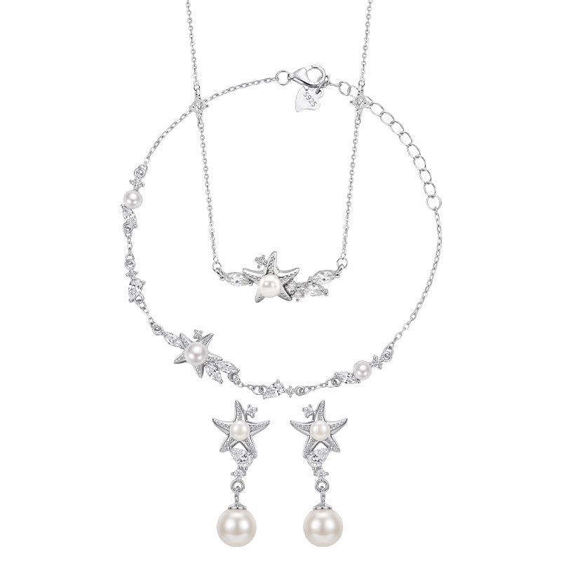 S925 Sterling Silver Necklace Bracelet Stud Earrings Beading Set Female Ocean Style Starfish Girl Birthday Gift Silver Jewelry Wholesale