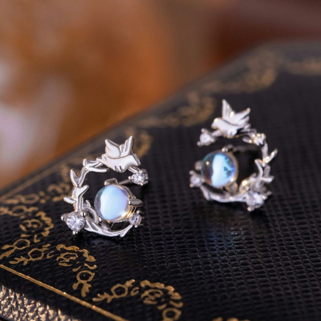 Blue Eucalyptus and Bird Sterling Silver 925 Stud Earrings Female Niche Design Light Luxury Zircon Earrings Ins Little Red Book Garland Earrings