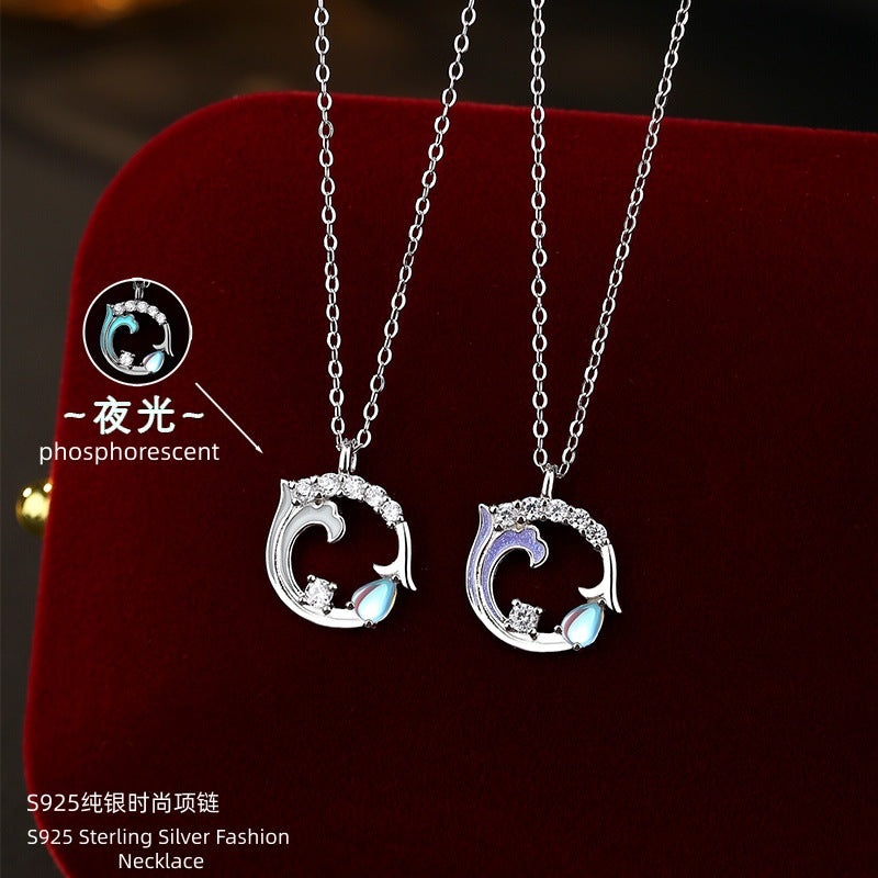 Luminous Enamel S925 Sterling Silver Necklace Mermaid Garland Moonstone Pendant Niche Girlfriends Clavicle Chain Gift for Women