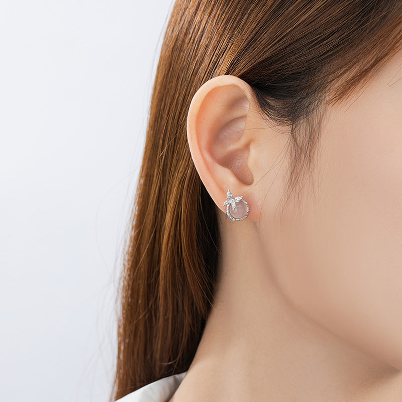 Chalcedony Sterling Silver 925 Stud Earrings Women's Fashion Niche Versatile Butterfly Earrings Ins Style Irregular Wisteria Flower Earrings
