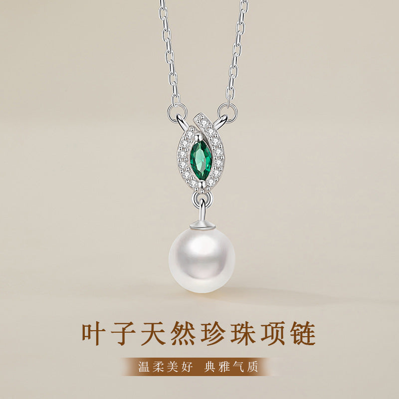 Natural Freshwater Pearl Sterling Silver 925 Necklace Female Niche Design Light Luxury Leaf Zircon Clavicle Chain Ins Pendant
