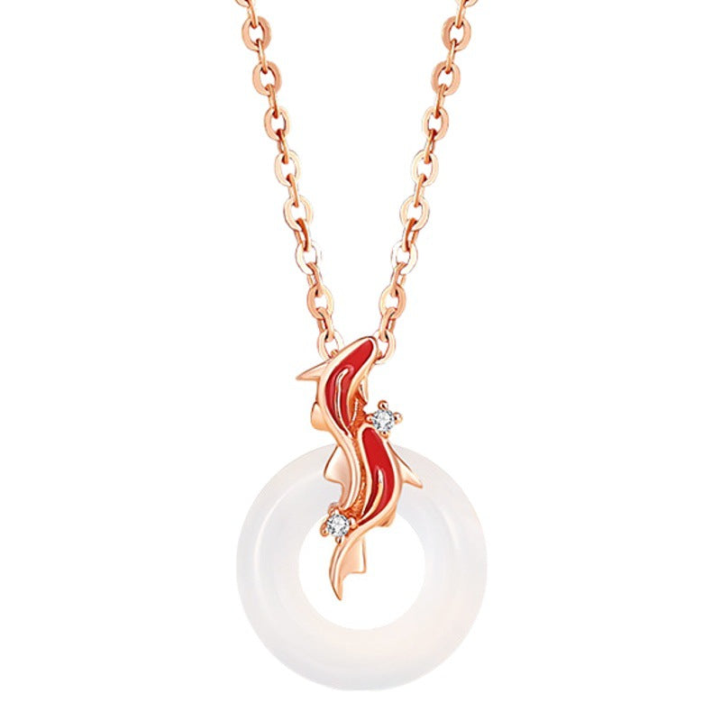 Koi Fish S925 Silver Chalcedony Necklace Female Niche Design Light Luxury Zircon Clavicle Chain Ins Safety Buckle Pendant
