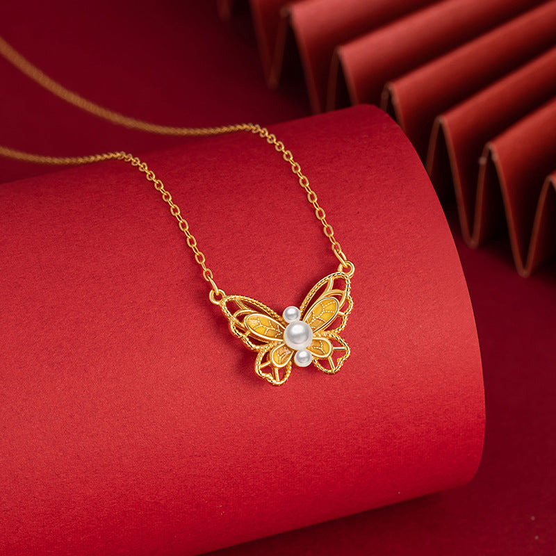 Butterfly Sterling Silver 925 Necklace Female Niche Design Light Luxury Shijia Pearl Clavicle Chain Ins Style Hollow Pendant