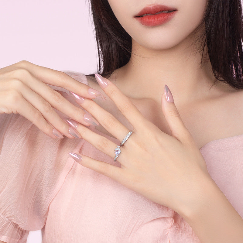 Whale Has You Luminous Sterling Silver 925 Couple Ring Men's and Women's Light Luxury Glass Stone Ring Isn Whale Tail Ring