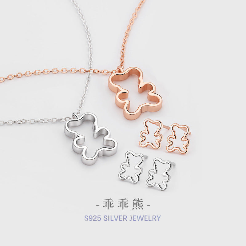 Cute Teddy Bear Sterling Silver 925 Necklace Women's Simple Niche Animal Clavicle Chain Ins Sweet Style Girlfriends Pendant