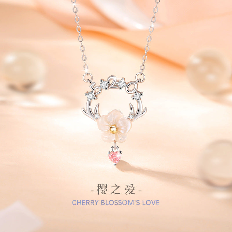 Cherry Blossom Sterling Silver 925 Necklace Female Niche Design Light Luxury Antler Clavicle Chain 520 Valentine's Day Love Pendant