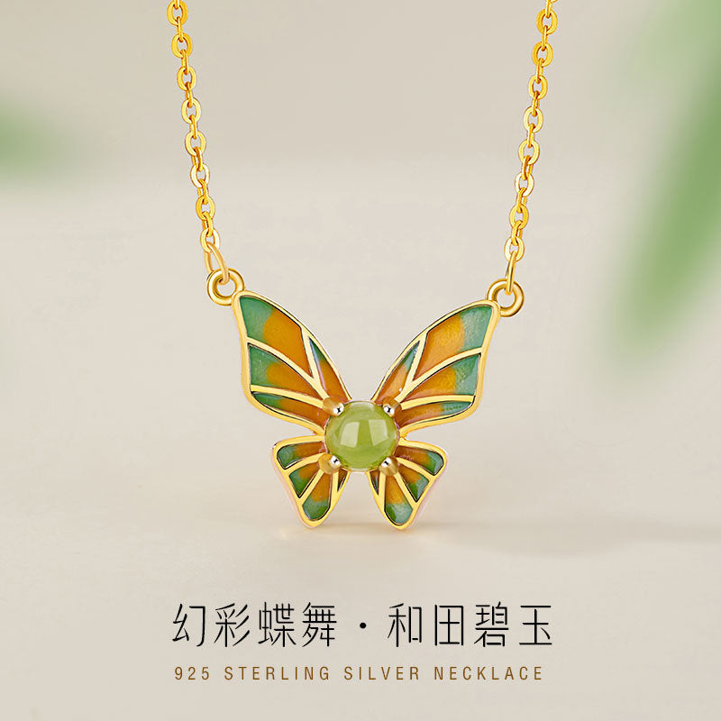 Butterfly Dance Elegant Sterling Silver 925 Necklace Women's Light Luxury High-Grade Hetian Jade Clavicle Chain Ins Style Butterfly Pendant