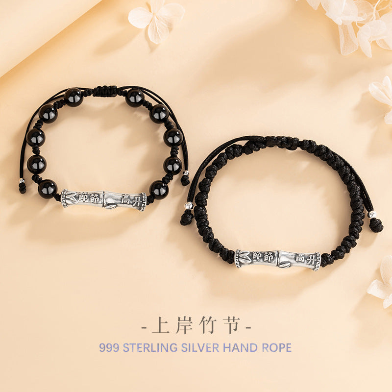 High-Rise Pure Silver 999 Couple's Bracelet New Chinese National Fashion Black Agate Bamboo Bracelet Ins Style Bamboo Bracelet