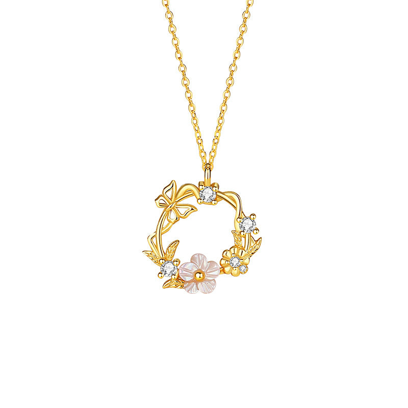 Butterfly Sterling Silver 925 Necklace Female Niche Design Light Luxury Peach Blossom Shell Clavicle Chain Ins Style Cherry Blossom Pendant