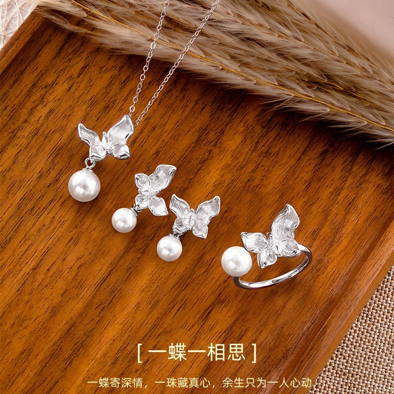 Brushed Butterfly Pearl S925 Sterling Silver Necklace Ring Stud Earrings Niche Light Luxury Valentine's Day Gift Jewelry Set for Women